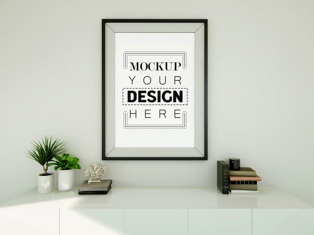 Poster Frame Mockup On The Wall With Plant Psd