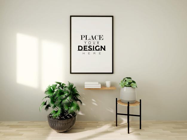 Poster Frame Mockup On The Wall With Plant Psd