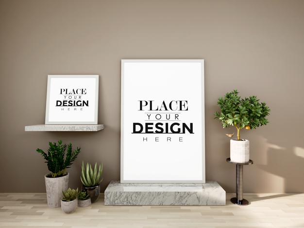 Poster Frame Mockup On The Wall With Plant Psd