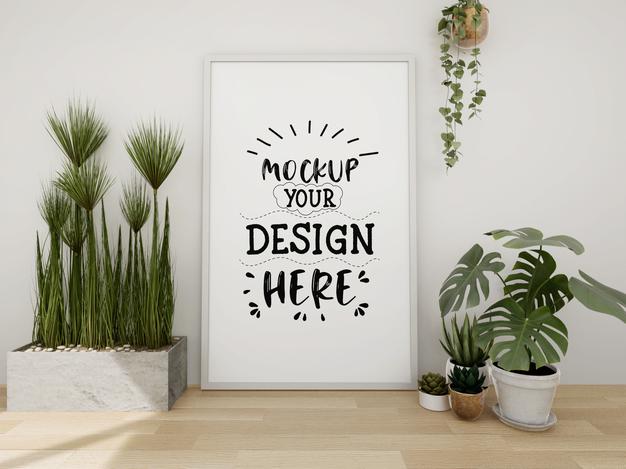 Poster Frame Mockup On The Wall With Plant Psd