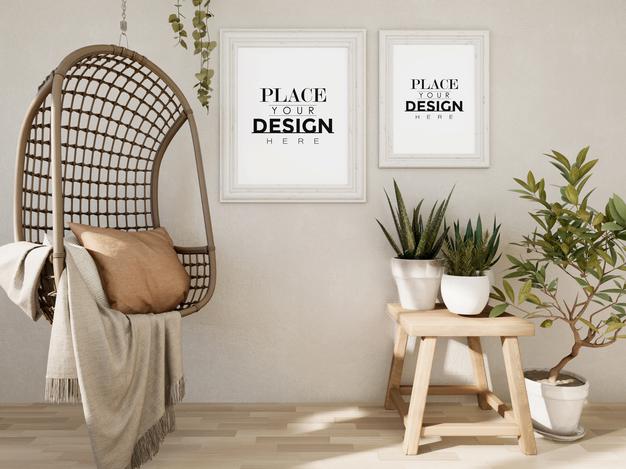 Poster Frame Mockup On The Wall With Plant Psd