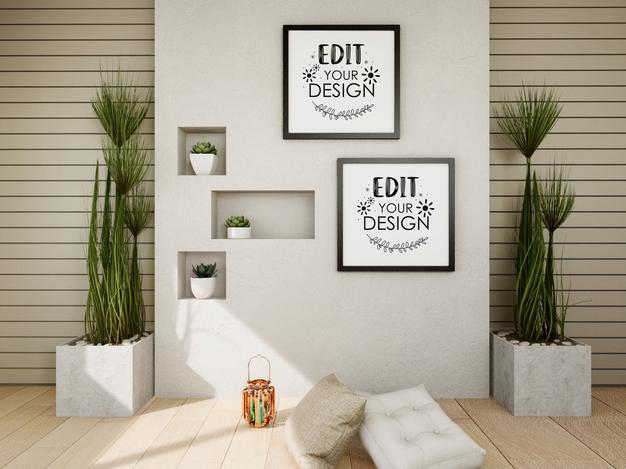 Poster Frame Mockup On The Wall With Plant Psd
