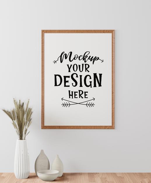 Poster Frame Mockup On The Wall With Plant Psd
