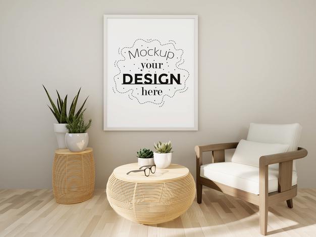 Poster Frame Mockup On The Wall With Plant Psd