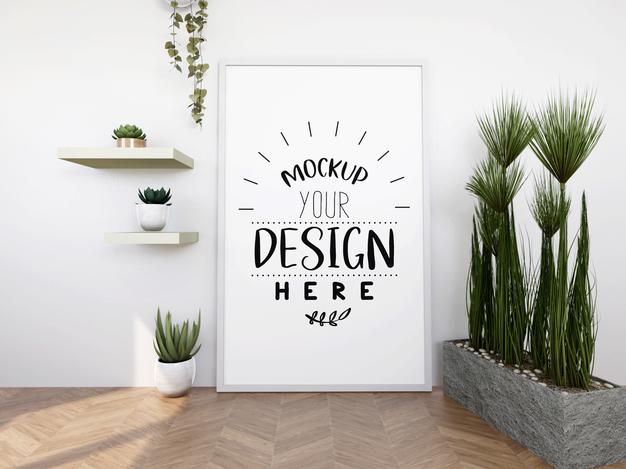 Poster Frame Mockup On The Wall With Plant Psd