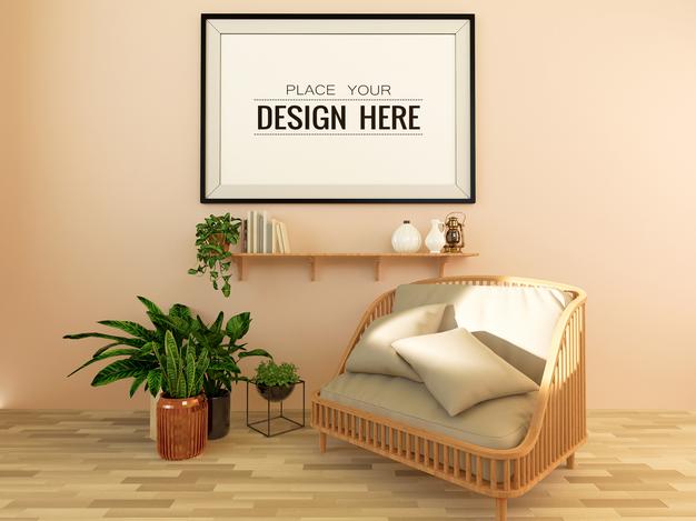 Poster Frame Mockup On The Wall With Plant Psd