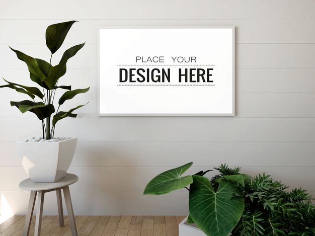 Poster Frame Mockup On The Wall With Plant Psd