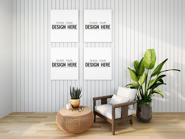 Poster Frame Mockup On The Wall With Plant Psd