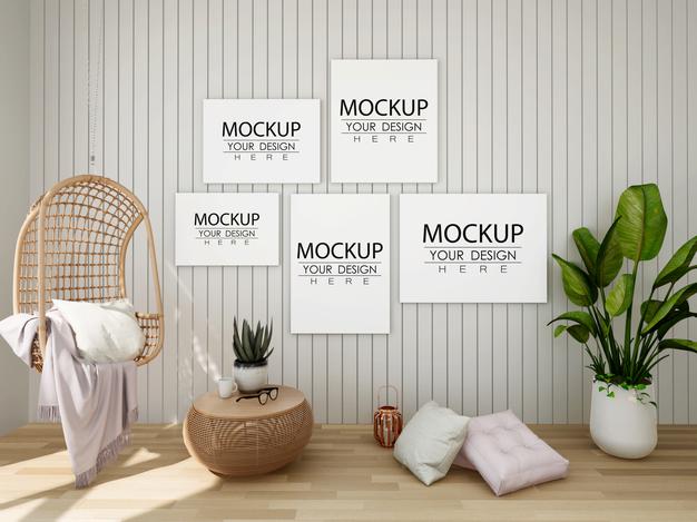 Poster Frame Mockup On The Wall With Plant Psd
