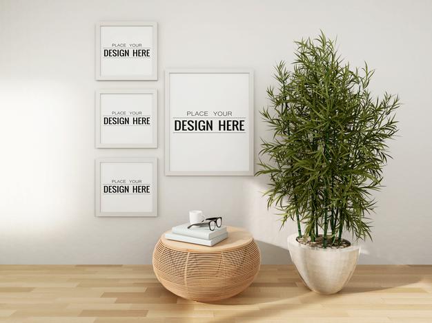 Poster Frame Mockup On The Wall With Plant Psd