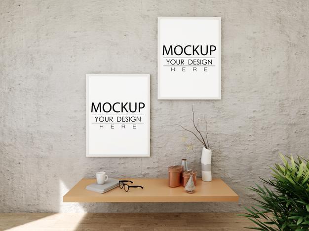 Poster Frame Mockup On The Wall With Plant Psd