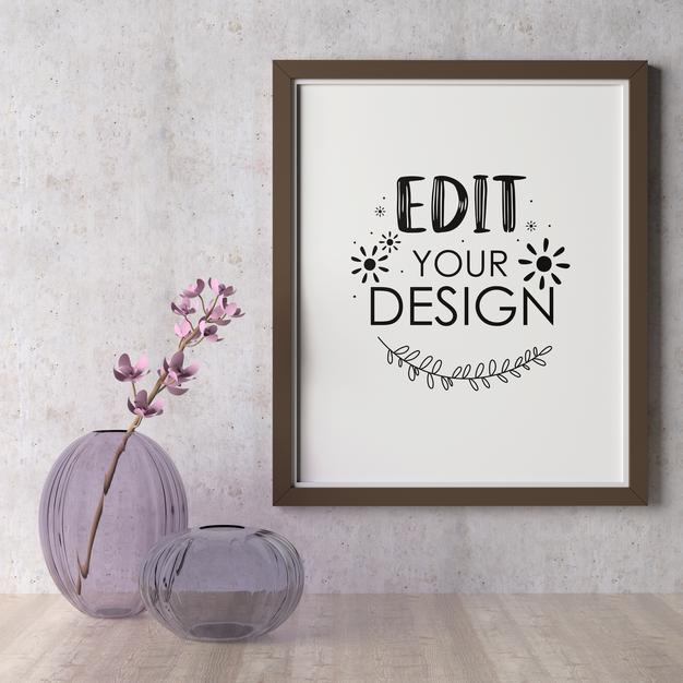 Poster Frame Mockup On The Wall With Plant Psd