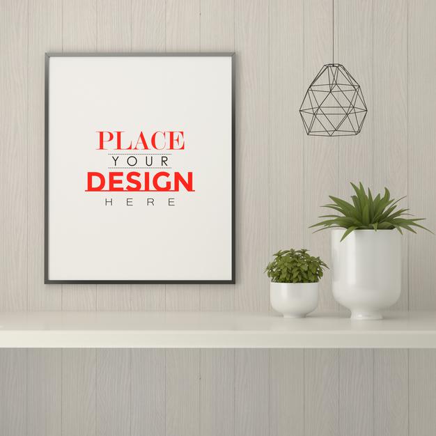 Poster Frame Mockup On The Wall With Plant Psd