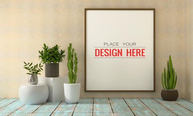 Poster Frame Mockup On The Wall With Plant Psd