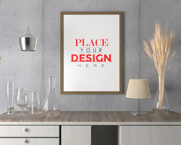 Poster Frame Mockup On The Wall With Plant Psd