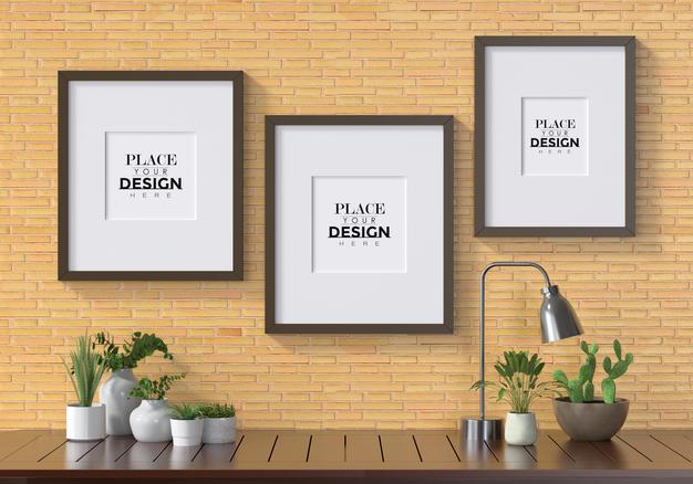 Poster Frame Mockup On The Wall With Plant Psd