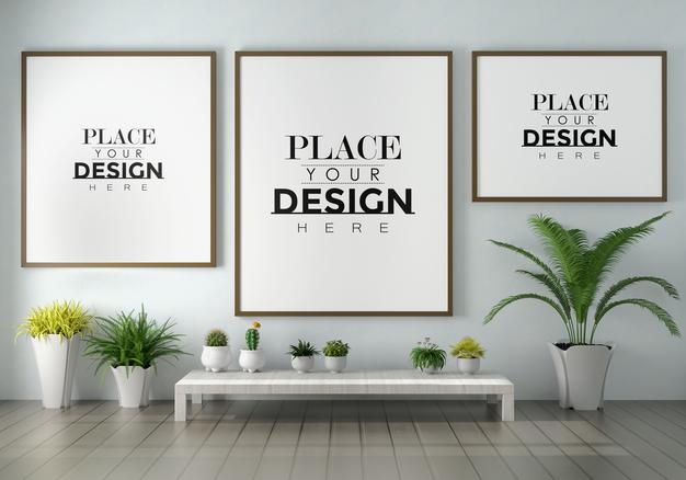 Poster Frame Mockup On The Wall With Plant Psd