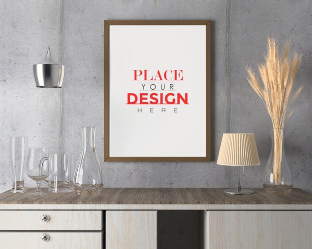 Poster Frame Mockup On The Wall With Plant Psd