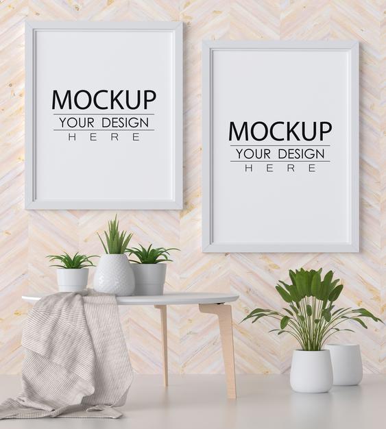 Poster Frame Mockup On The Wall With Plant Psd