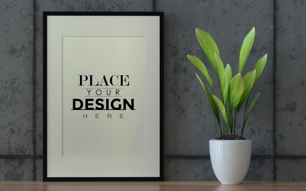 Poster Frame Mockup On The Wall With Plant Psd