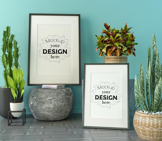 Poster Frame Mockup On The Wall With Plant Psd