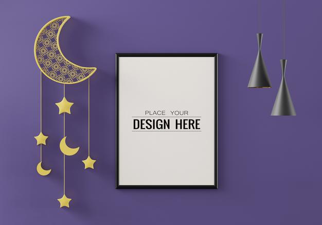 Poster Frame Mockup With Interior Ramadan Decoration Living Room Psd