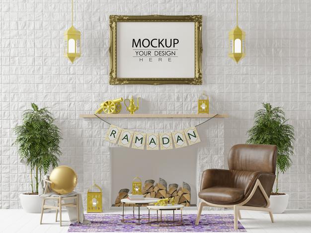 Poster Frame Mockup With Interior Ramadan Decoration Living Room Psd
