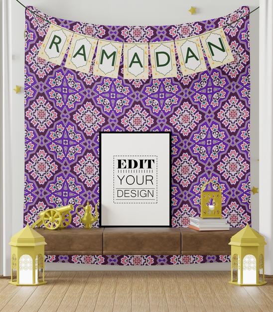 Poster Frame Mockup With Interior Ramadan Decoration Living Room Psd
