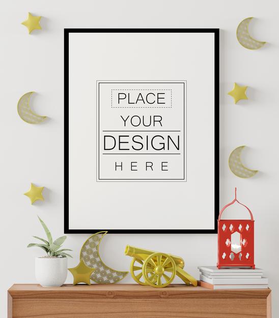 Poster Frame Mockup With Interior Ramadan Decoration Living Room Psd