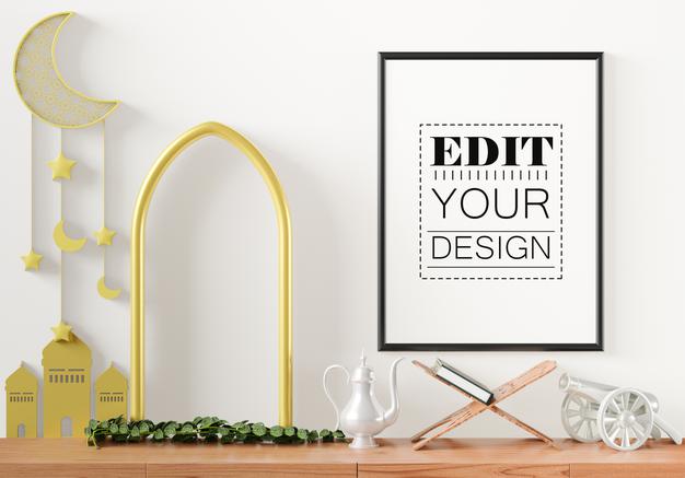 Poster Frame Mockup With Interior Ramadan Decoration Living Room Psd