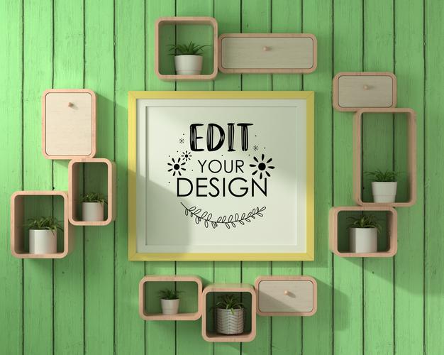 Poster Frame Mockup With Shelf On Green Wall Psd