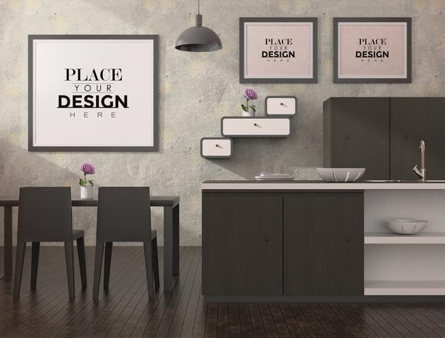 Poster Frames In Dining Room And Kitchen Psd