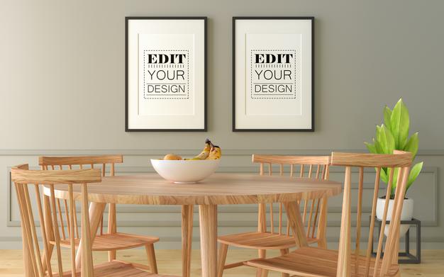 Poster Frames In Dining Room Mockup Psd