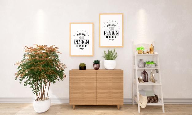 Poster Frames In Living Room Mockup Psd