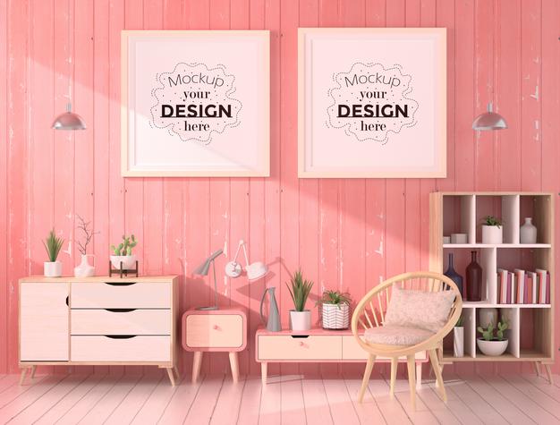 Poster Frames In Living Room Mockup Psd