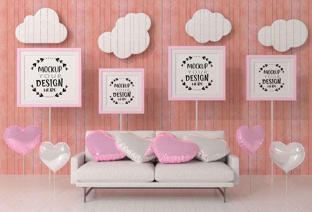 Poster Frames In Living Room Mockup Psd