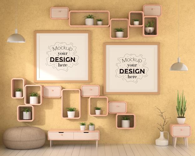 Poster Frames In Living Room Mockup Psd