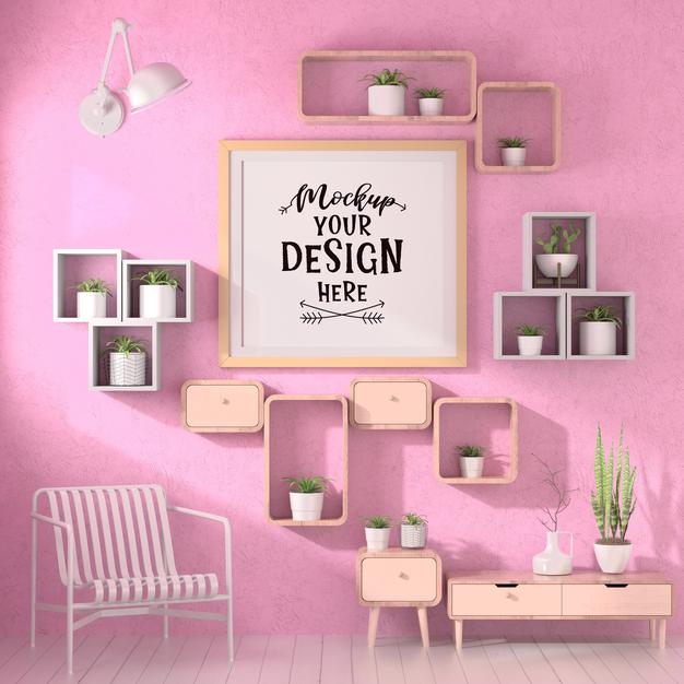 Poster Frames In Living Room Mockup Psd