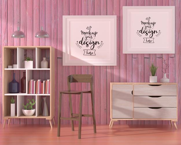 Poster Frames In Living Room Mockup Psd