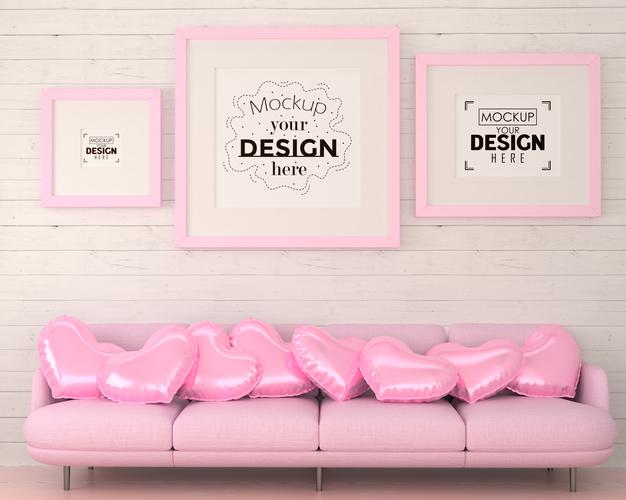 Poster Frames In Living Room Mockup Psd