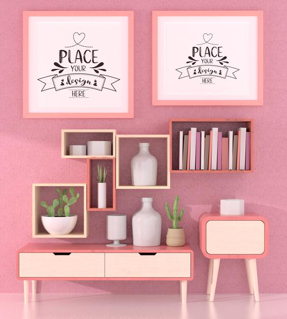 Poster Frames In Living Room Mockup Psd