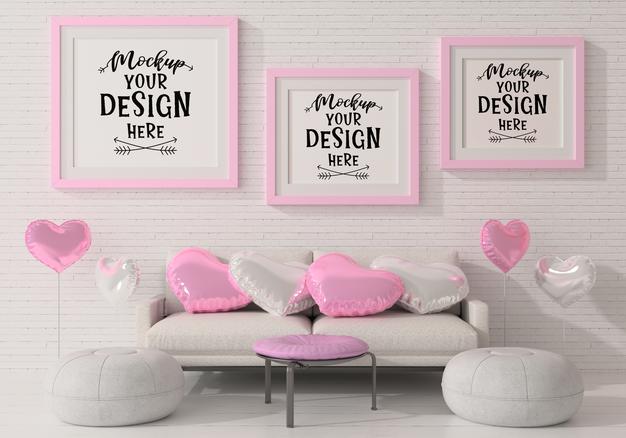 Poster Frames In Living Room Mockup Psd