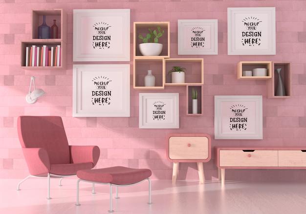 Poster Frames In Living Room Mockup Psd