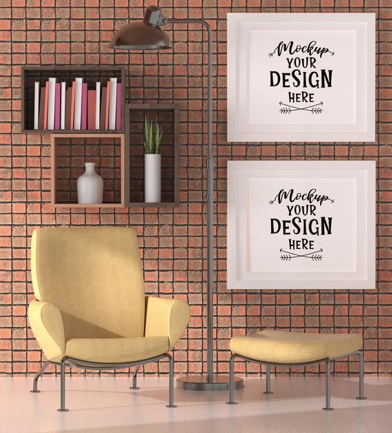 Poster Frames In Living Room Mockup Psd