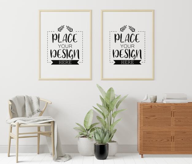 Poster Frames In Living Room Mockup Psd