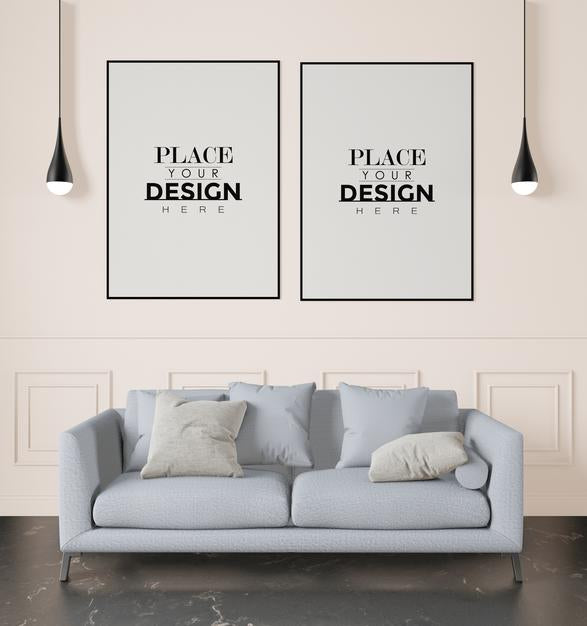 Poster Frames In Living Room Mockup Psd