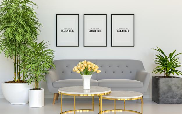 Poster Frames In Living Room Mockup Psd