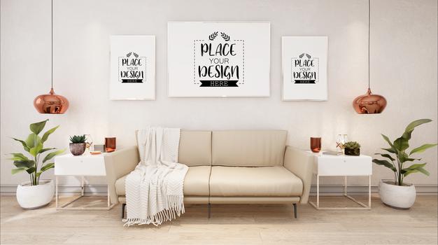 Poster Frames In Living Room Mockup Psd