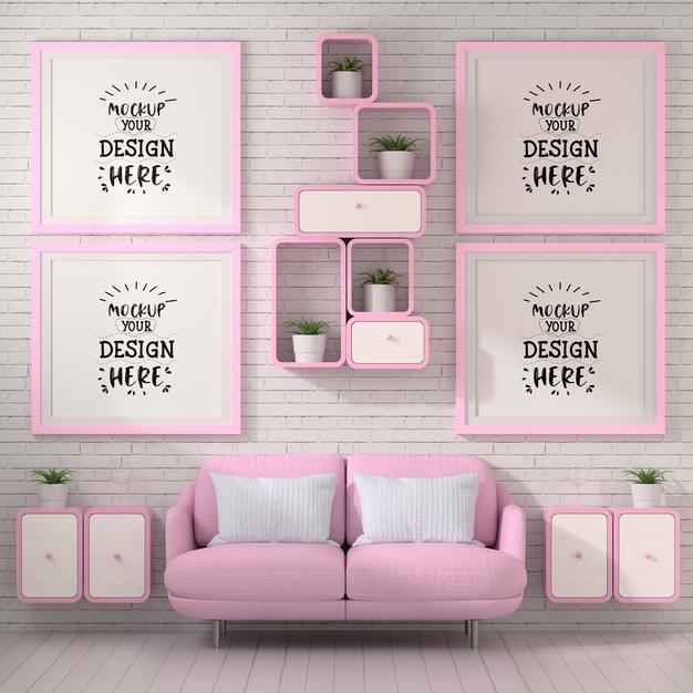 Poster Frames In Living Room Mockup Psd