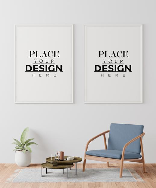 Poster Frames In Living Room Mockup Psd